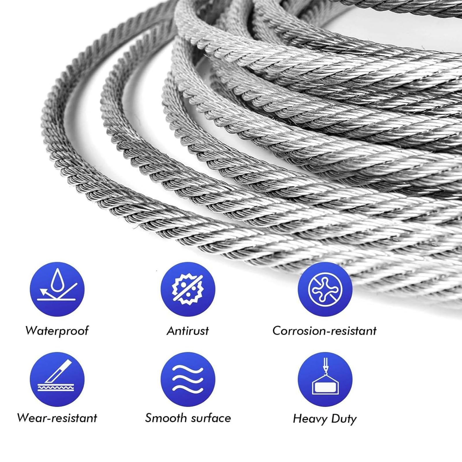 Cable de Acero, 5mm Cable de Acero Inoxidable, 7x19 Núcleo Trenzado, Juego de Cable Metálico para jardín, Tendedero, Guirnaldas luminosas, Cordón para Cortinas y para Colgar Cuadros (30M)