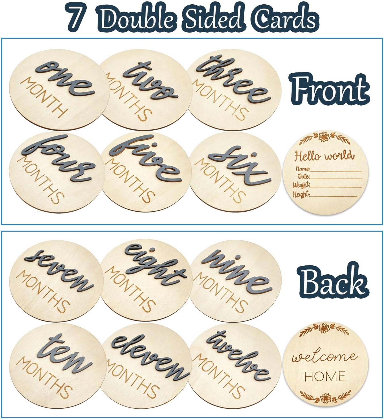 Baby Monthly Milestone Cards 6 Pcs 3D Double-Sided Wooden Cards with 1 Pcs Hello World Newborn Sign & Pen, Gender Neutral Newborn Photo Props for Baby Boys Girls Baby Shower Gifts