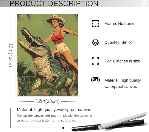 Miniatura 7 de ogyormpi Lienzo decorativo de cocodrilo de equitación de vaquera, póster retro de vaquera costera occidental, impresión artística de cocodrilo de