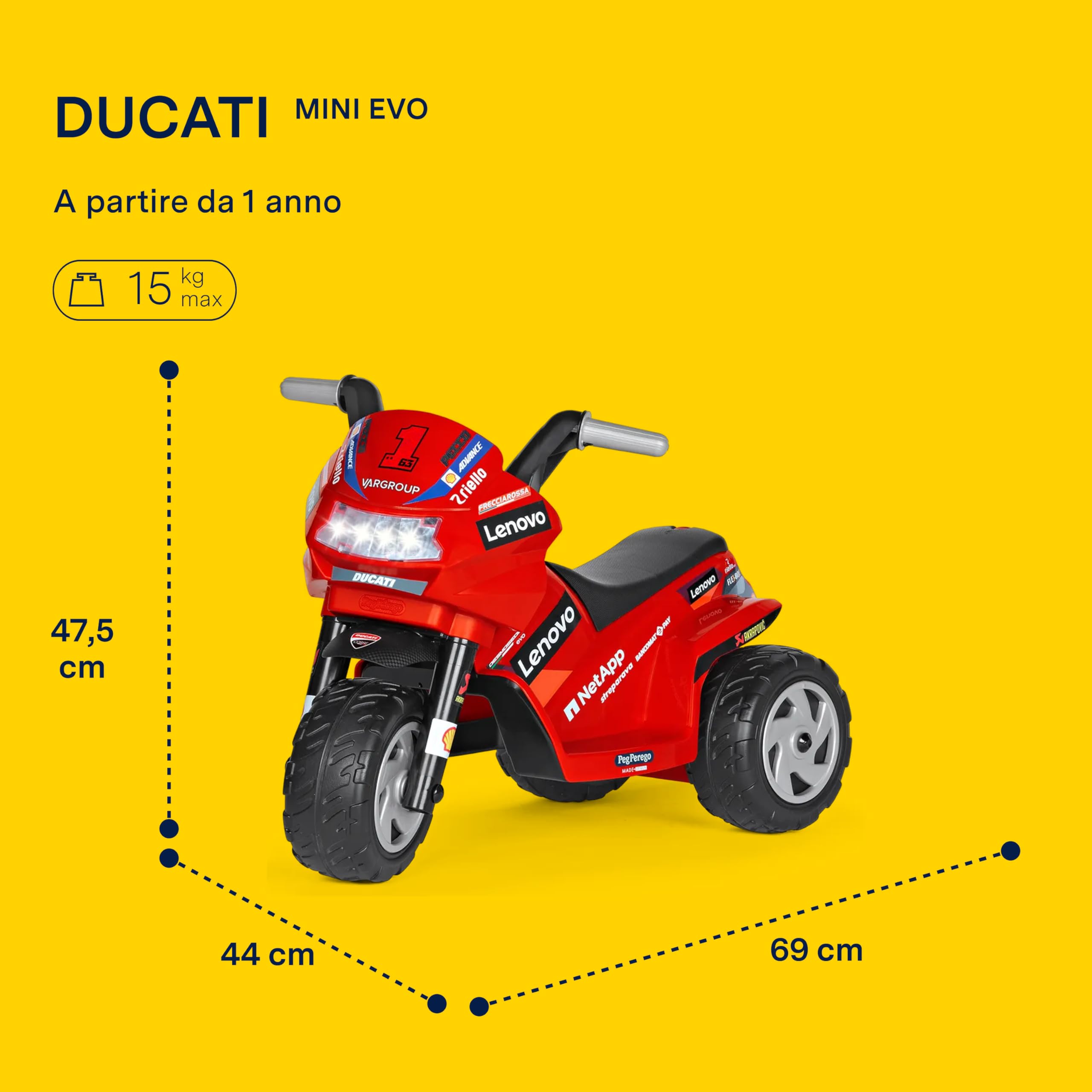 PEG Ducati Mini Evo Moto Elettrica Cavalcabile per Bambini da 1 Anno fino a 15 kg, Batteria 6 V, Autonomia 95 min, Velocità 2,7 km/h, Luci e Suoni
