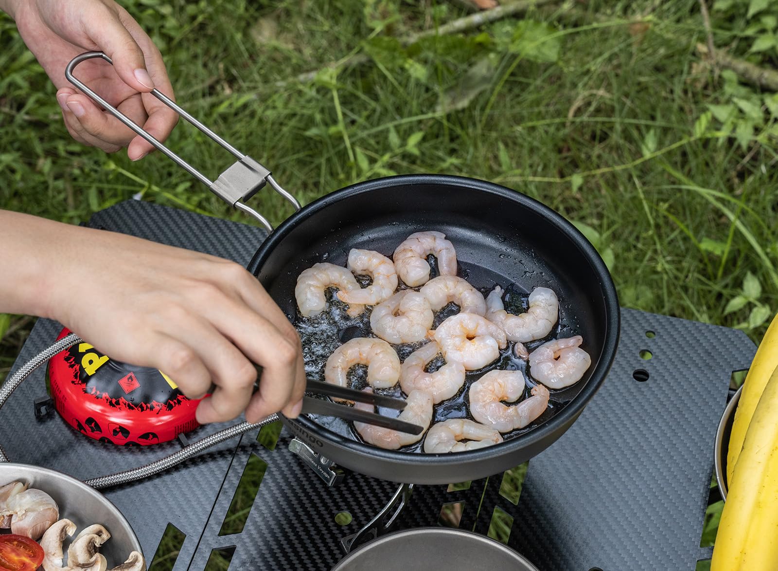 iBasingo 22 cm Camping Bratpfanne 1500ml Titan Antihaft Pfanne mit Klappgriff Tragbar Leichtes Kleine Teller Griddle Wandern Skillet Outdoor Backpacking Kochgeschirr für Gebratenes Ei Steak Ti2070C