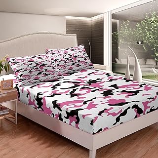Girls Camo Bedding Set Twin, Pink Camouflage Fitted Bed Sheets For Kids Children Women, Tie Dye Girly Fitted Sheet 3 Pieces Black White Lightweight Bedding Decor Set Ultra Soft Decorative Room