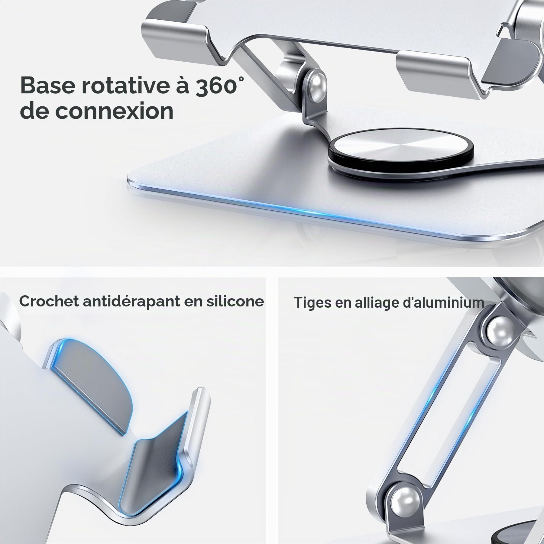 Support pour iPad, Support de Tablette Rotatif à 360°, Support de Moniteur Pliable en Aluminium pour Bureau Compatible avec iPad Pro 10.5, 11, 13, Air Mini 2 3 4 5 6, Samsung Tab(4-13")