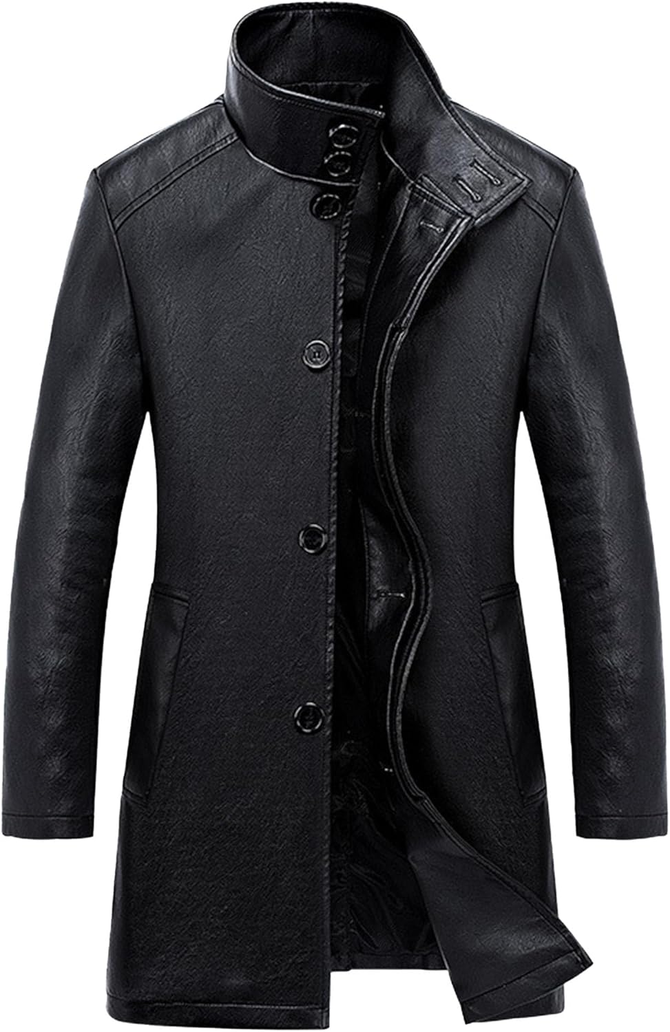 Maiyifu-GJ Men's Faux Leather Trench Coat Mid-length Overcoat Leather Windbreaker Jacket Windproof Warm Motorcycle Biker Coat