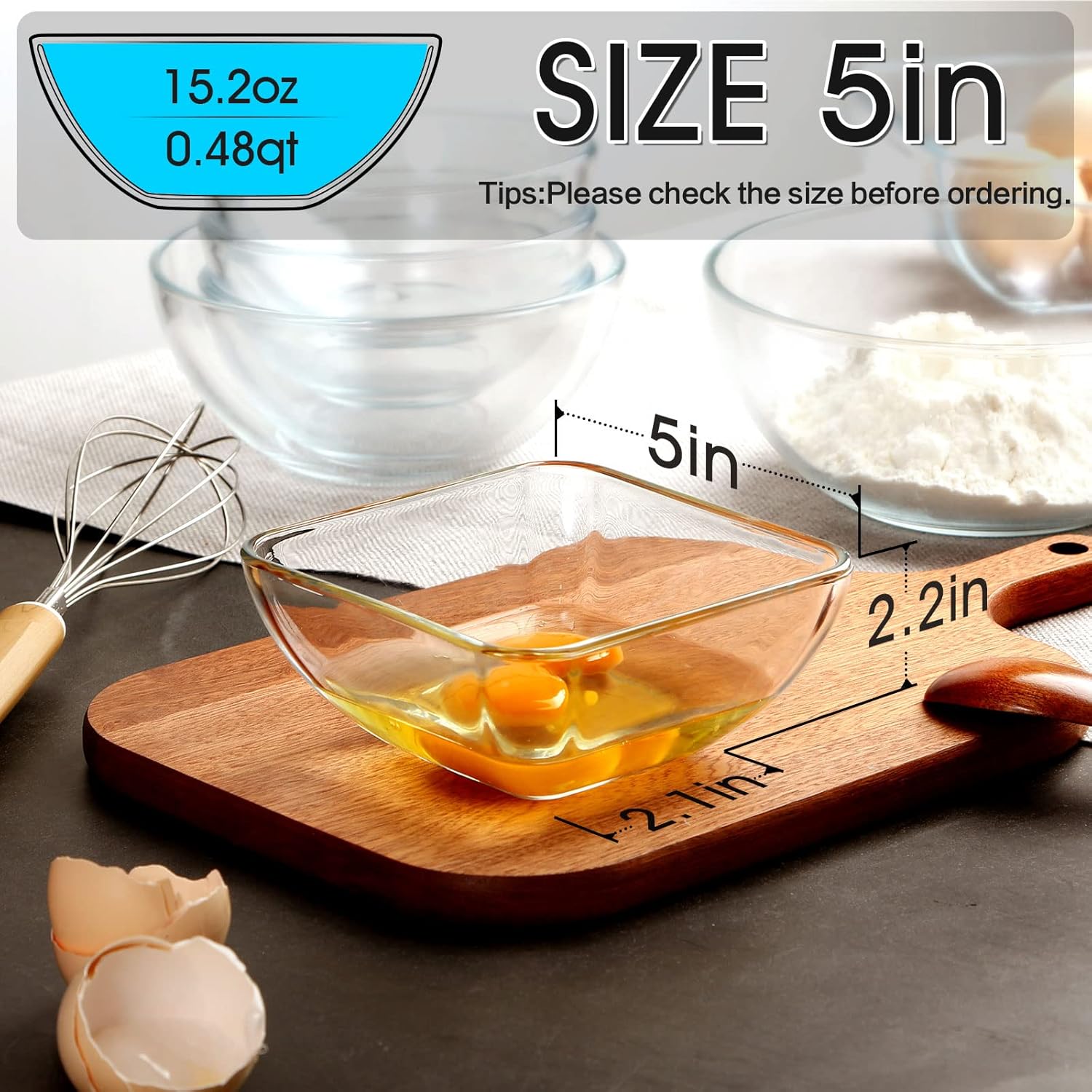 NUTRIUPS 5 inch Square Glass Bowl Set of 3, 15oz Small Clear Tempered Glass Cereal Bowls Microwave and Oven Safe, Glass Sauce Bowl Set