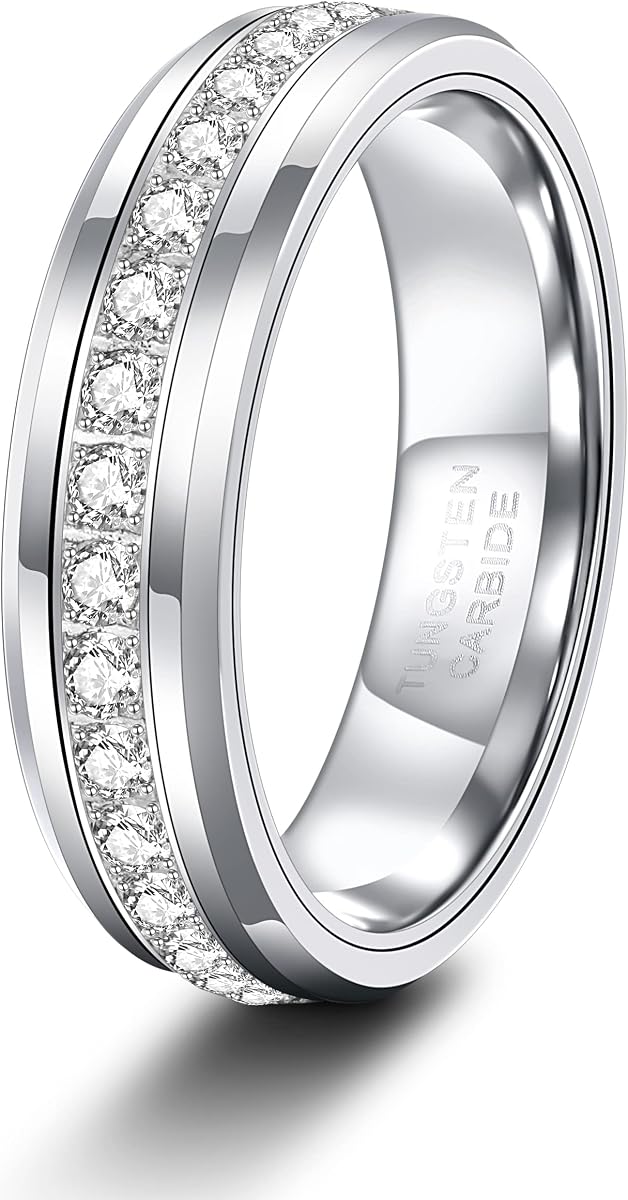 TRUMIUM Alianzas de boda de tungsteno para hombre de 6 mm y 8 mm con anillos de circonita cúbica | Incrustaciones de circonita cúbica, chapado en plata negra, chapado en oro de 24 quilates, anillo de carburo de tungsteno, alto pulido, compromiso de eternidad llamativo, tamaño 7-13