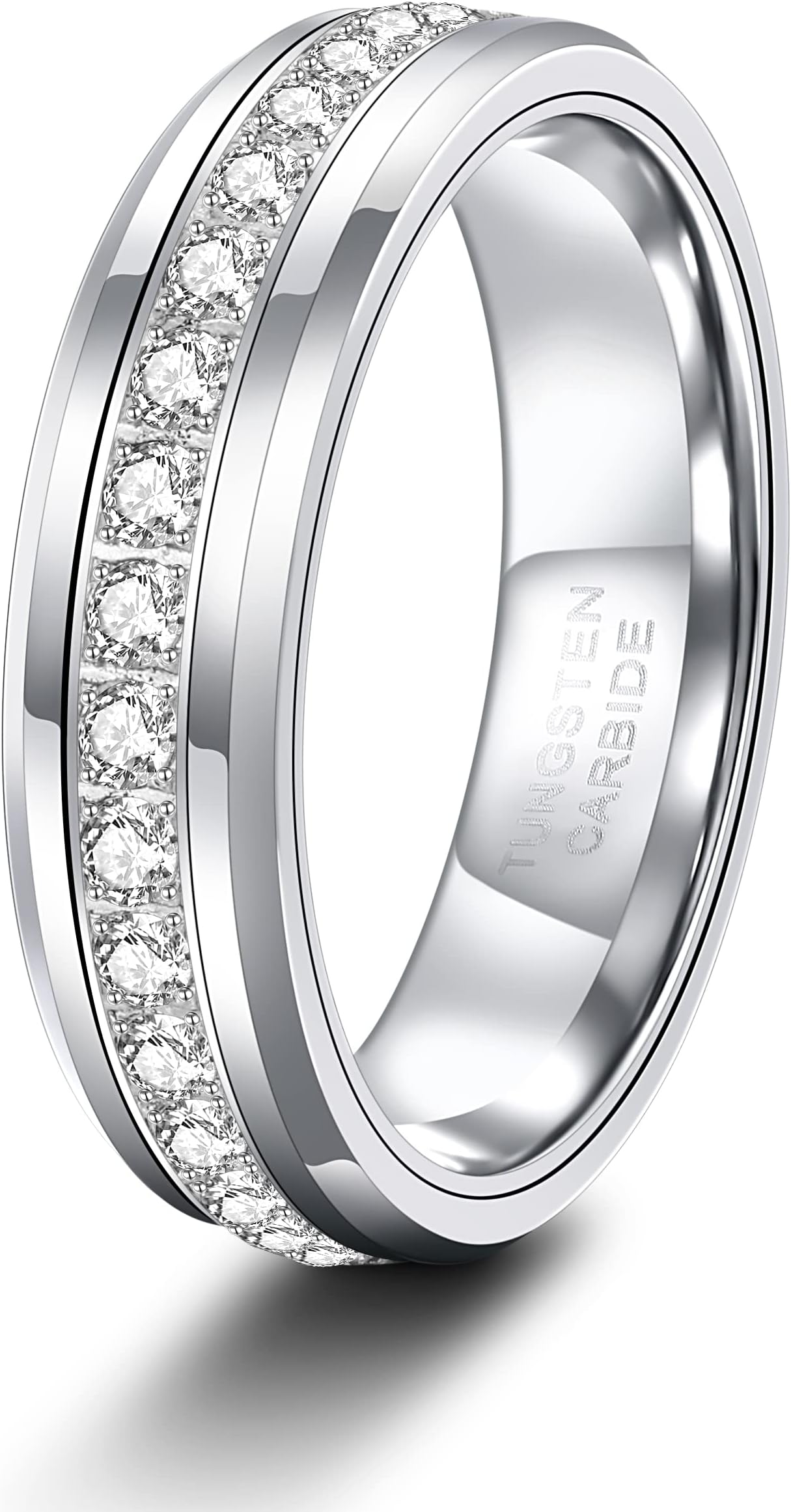 6mm 8mm Mens Tungsten Wedding Bands with Cubic Zirconia Eternity Ring CZ Inlaid Black Silver Plated 24K Gold Plated Tungsten Carbied Rings High Polish Size 7-13