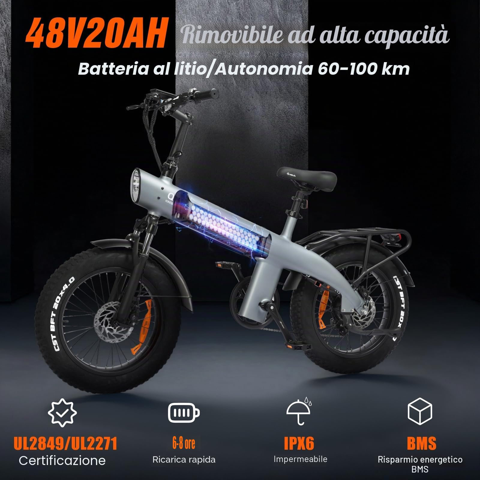 HX Q3 Bici Elettrica Adulti per il Commuting, 48V 20Ah Batteria Rimovibile, 115Nm 20"×4.0" Fat Tire, 7 Velocità Mountain Bici Elettrica con Telaio Posteriore, Autonomia 60-120 km, E-bike Ogni Terreno