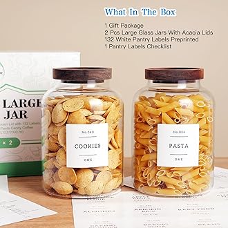 CZHQSMZ Set Of 2 Large Glass Jar with Wooden Lid with 132 Labels, Glass Storage Jars for Flour Pasta Candy Coffee Cookie and More(70 FL OZ/2000 ml)