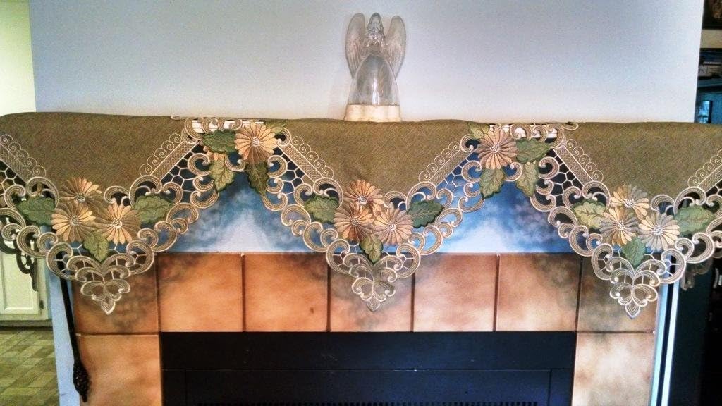 Fireplace Mantel Runner with a Gold Daisy Flower and Sage Green Burlap Linen Material Handmade Size 84 x 27 inches