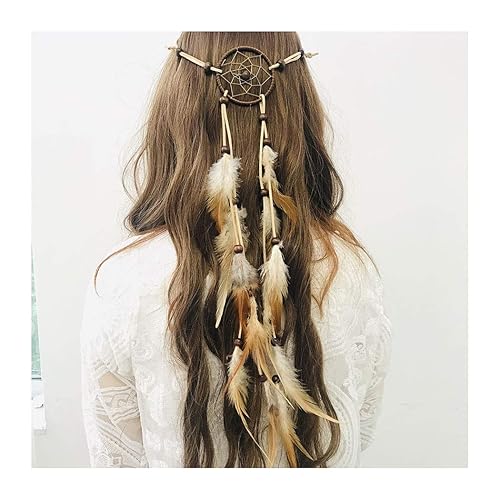 Campsis Diadema de plumas indias atrapasueños diadema hippie de cuerda de cáñamo con cuentas estilo bohemio pavo real pieza de pelo para mujeres y