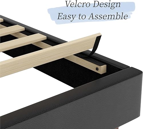 Miniatura 7 de Yegee Cama de plataforma de piel sintética tamaño Queen con cabecero de cristal con botones de cristal listones de madera y patas de cama negro Queen