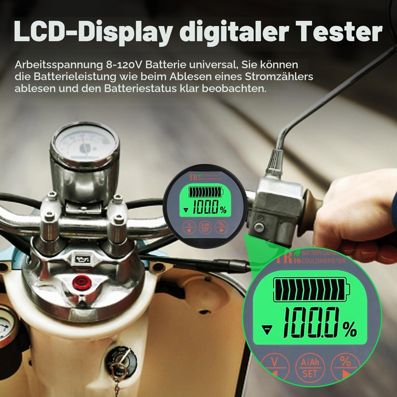 100A Batteriewächter 12V 24V 36V 48V 72V Batteriemonitor 8-120V Spannungsamperemeter LCD Digitales Prüfgerät mit 2m Kabel für Autos Motorboote Wohnmobile Wohnwagen Caravans usw.