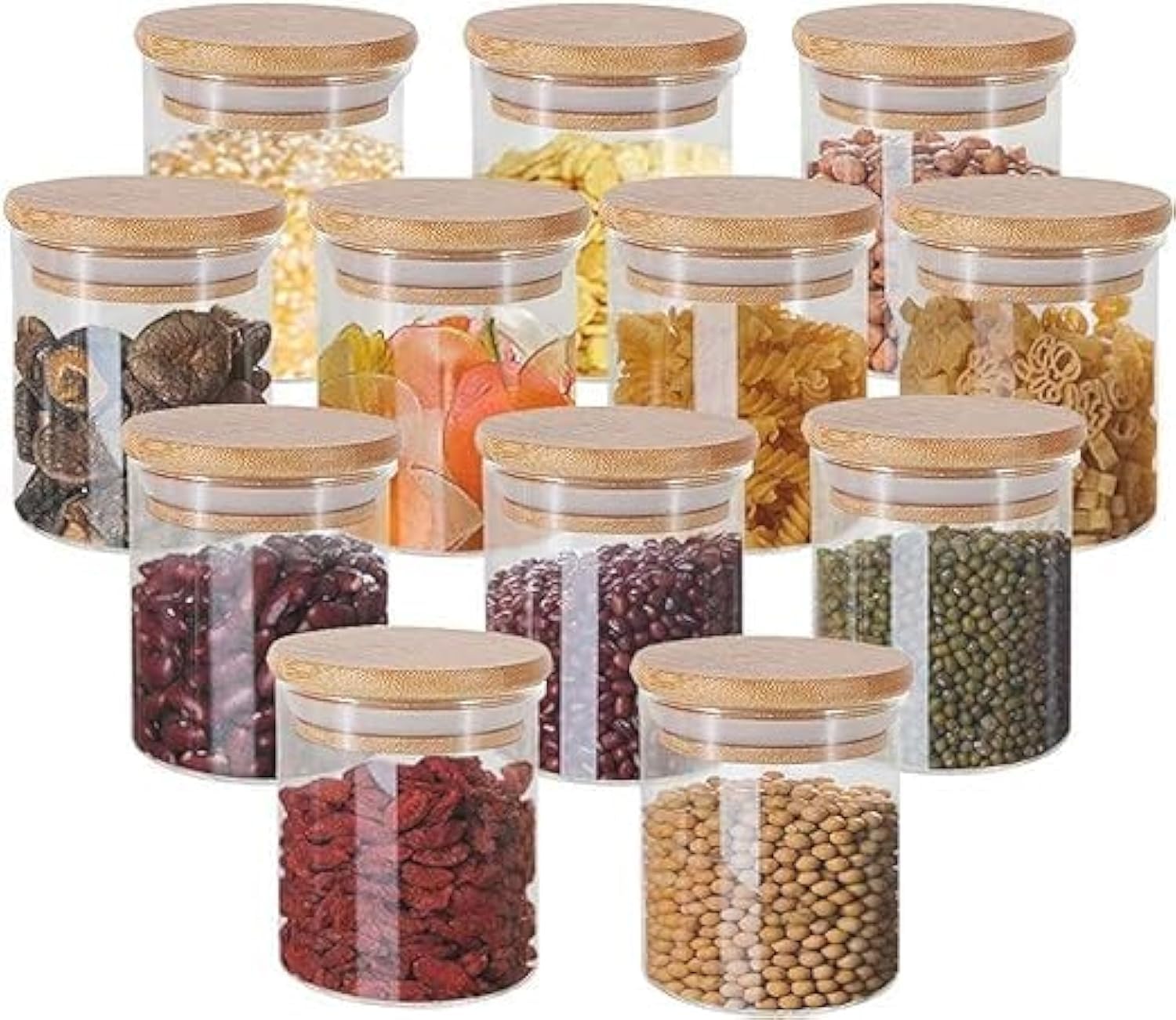 Nyganmelloz 200 ml Glass Jars with Bamboo Lids Silicon Ring Set of 10, Air Tight Kitchen Food Cereal Containers for Storage, Canister Set for Jam Pasta Spaghetti Tea Coffee Beans Cookie Snack Flour