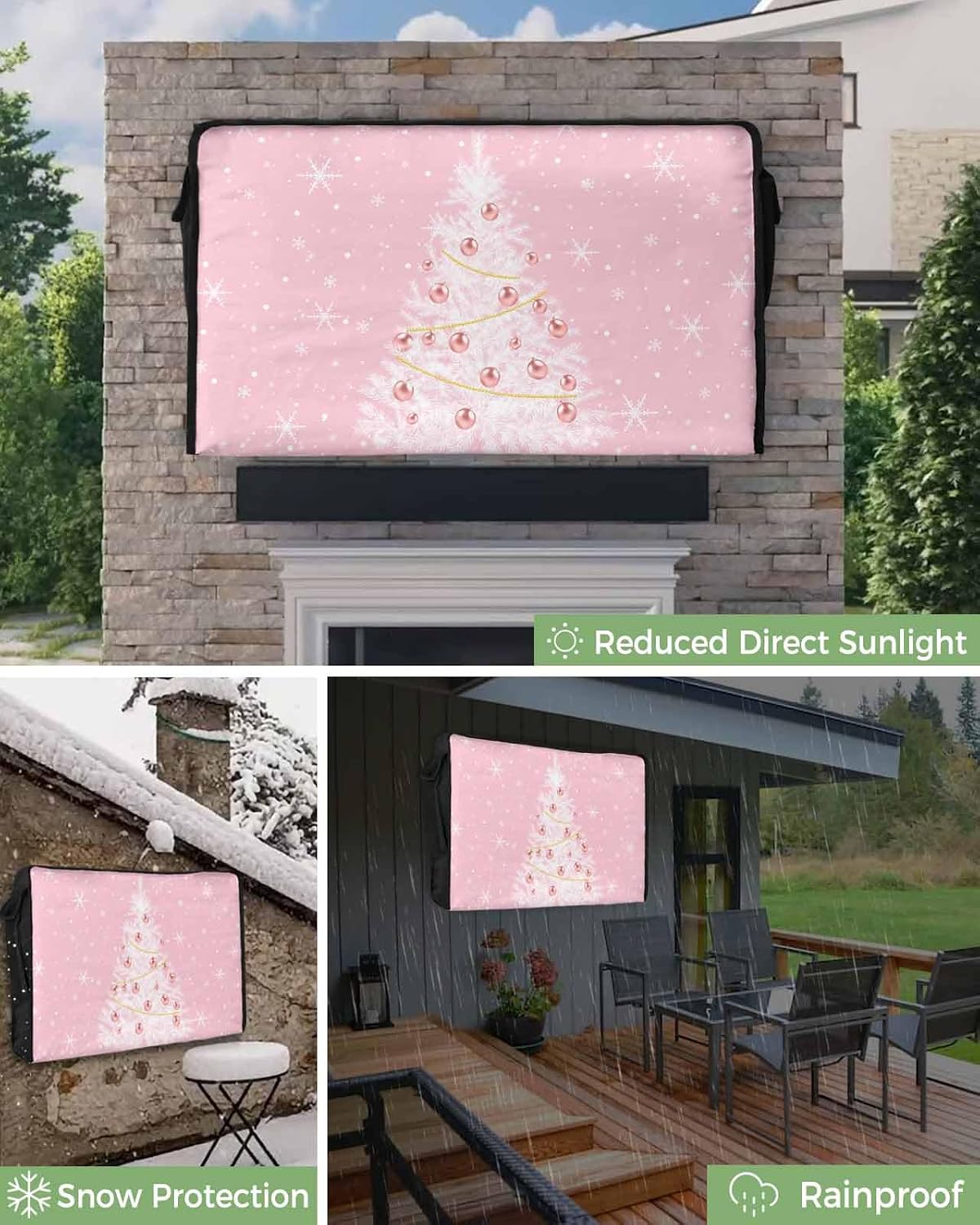 Christmas Tree Outdoor TV Cover 80"-85" - 600D Waterproof TV Cover Weatherproof TV Screen Protector Dustproof Winter Xmas Snowflake Ball Ornaments Pink TV Display Protector for Outside Flat Screen TV