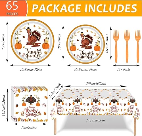 Miniatura 5 de 65 piezas de vajilla de Acción de Gracias, suministros de mesa para fiesta de Acción de Gracias, pavo, calabaza, hojas de arce, juego de vajilla
