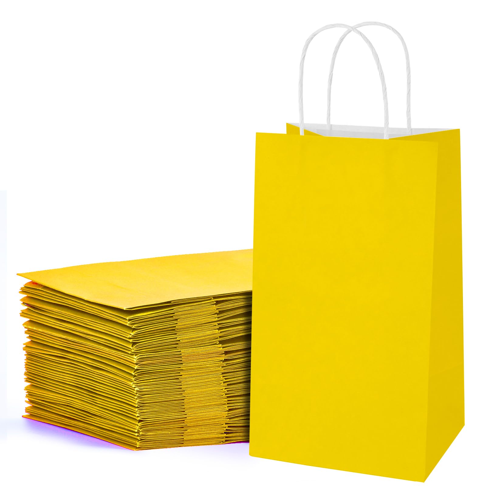 MOORAY 100 Pack Yellow Small Paper Bags with Handles Bulk, Gift Paper Bags,5.25 * 3.25 * 8.25 Inch Kraft Birthday Party Favors Grocery Retail Shopping Craft Bags Takeouts Business (100pcs,Yellow)