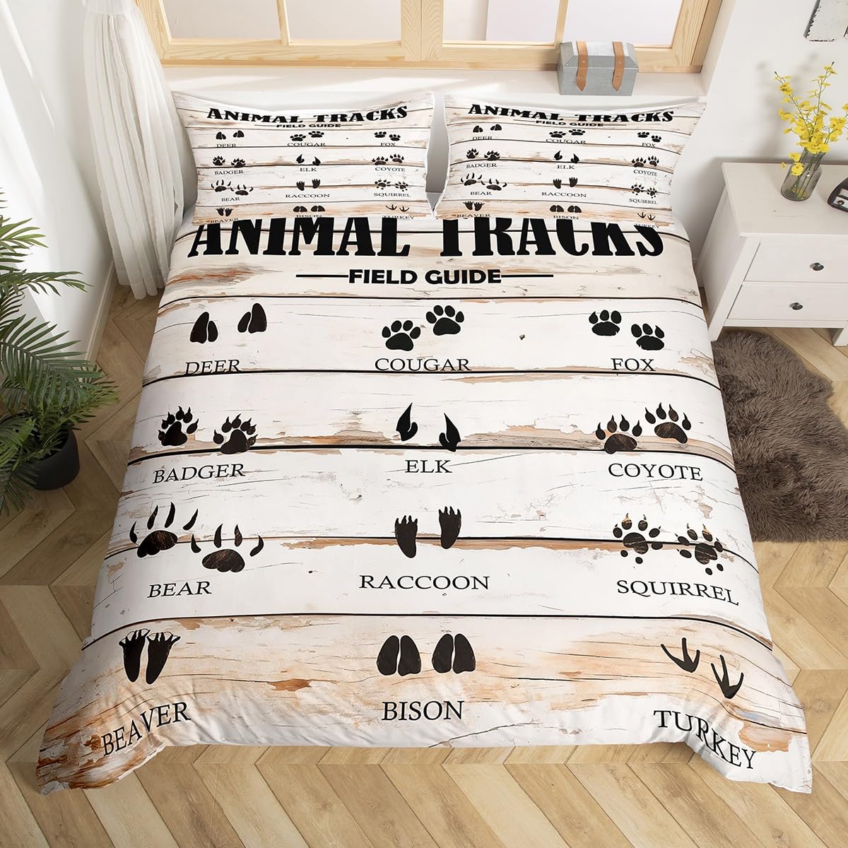 Paw Print Kids Duvet Cover Set Super King Size, Wild Animal Tracks Print Comforter Cover, Vintage Wooden Plank Bedding Set for Boys Girls Bedroom Decor, Lightweight Bedspread Cover, 2 Pillowcases