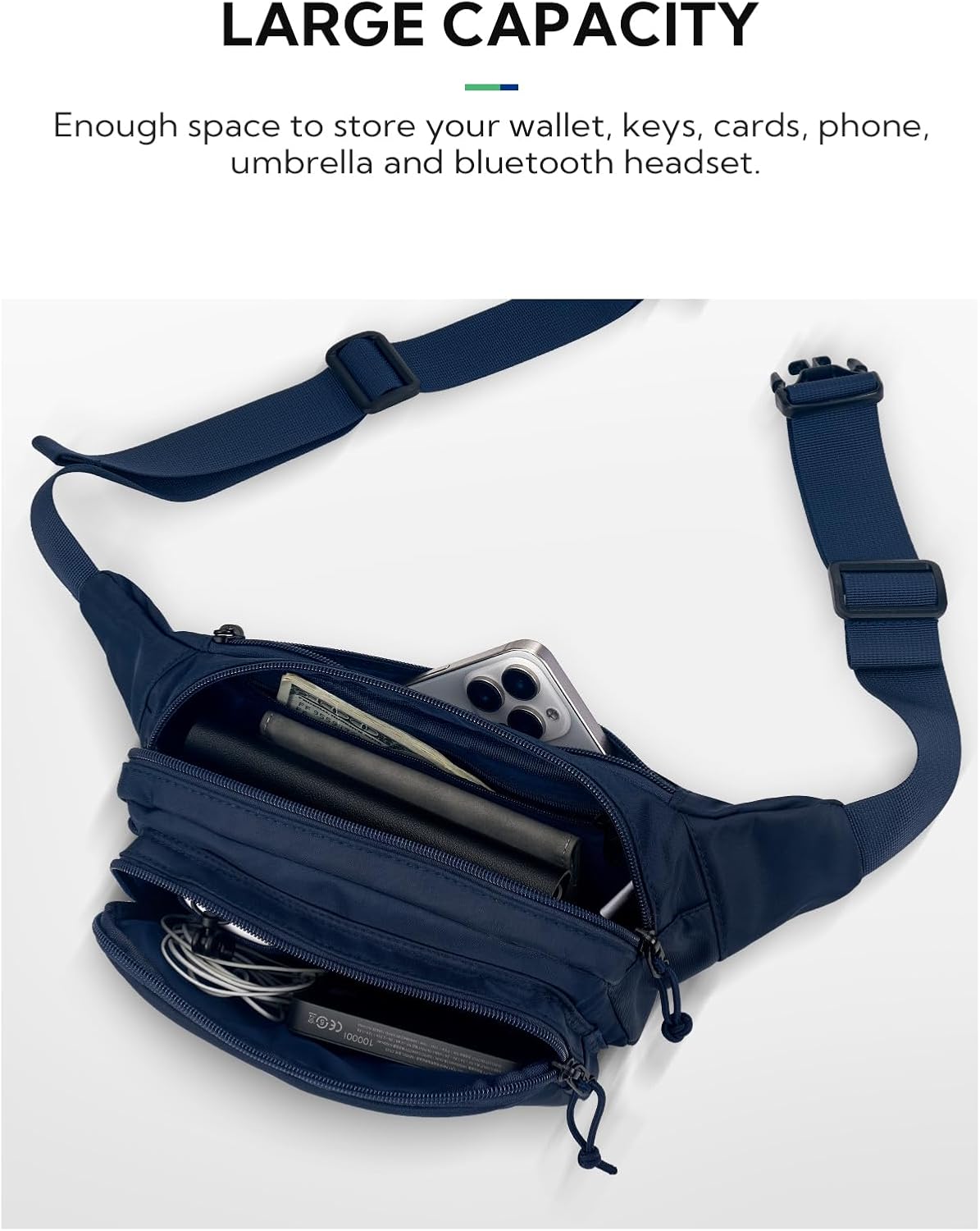 WATERFLY Fanny Pack Waist Packs: Large Crossbody Fanny Packs for Women Men with 5 Zipper Pockets Adjustable Strap Waist Bags Hip Pack for Traveling Cycling Running Hiking-Navy Blue - Image 3