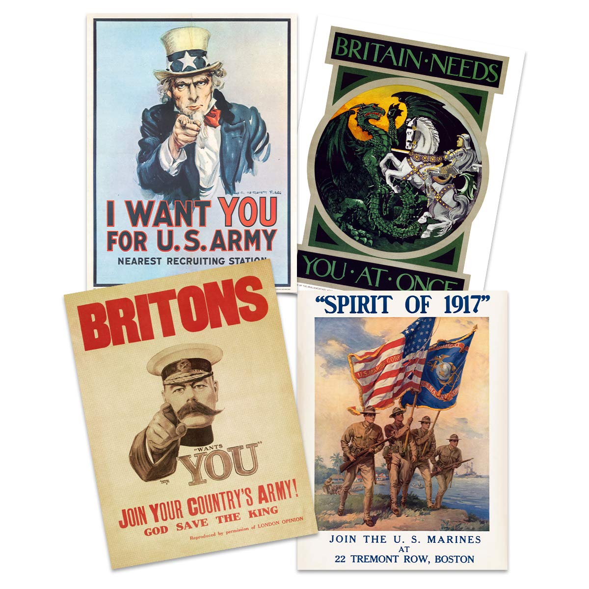 Artery8 US UK Allies Military Recruitment World War 1 Uncle Sam Lord Kitchener Marines Premium Wall Art Poster Pack of 4
