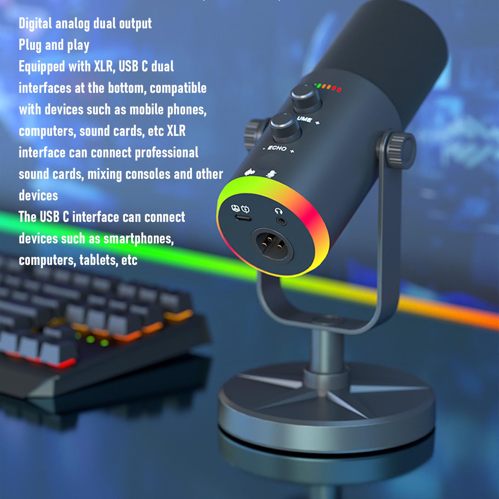 Mikrofon USB do Gier, Plastikowy, Metalowy, Dynamiczny Mikrofon Komputerowy z Podwójnym Interfejsem XLR USB C, Przełącznik Wyciszania światła RGB, Gniazdo Monitorujące 3 5 Mm do