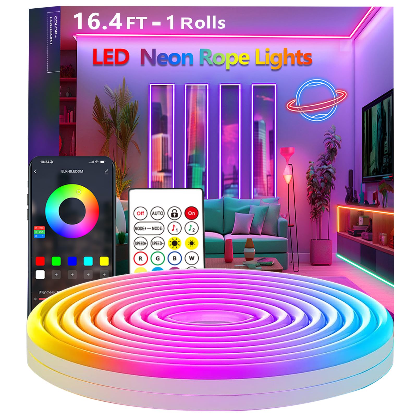 Bvokon 16.4FT Neon Rope Lights,Flexible Led Rope Light Control with App/Remote,Multiple Modes,Music Sync,IP65 Outdoor RGB Led Strip Lights Waterproof