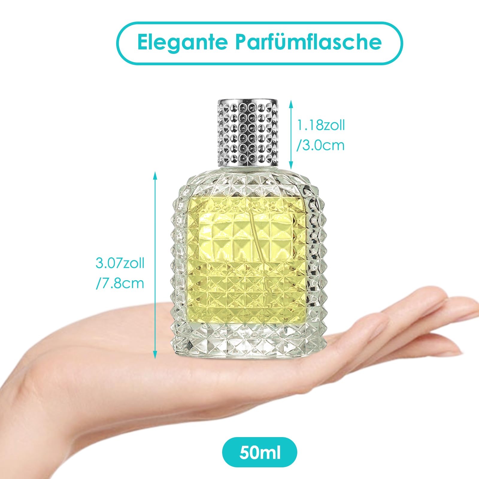 Rozpylacz do perfum, przenośna butelka z rozpylaczem z nasadką, 3 sztuki, 50 ml, butelka na perfumy z ananasem, do wielokrotnego napełniania, ze szkła kryształowego, puste szkło z pipetami i lejkiem