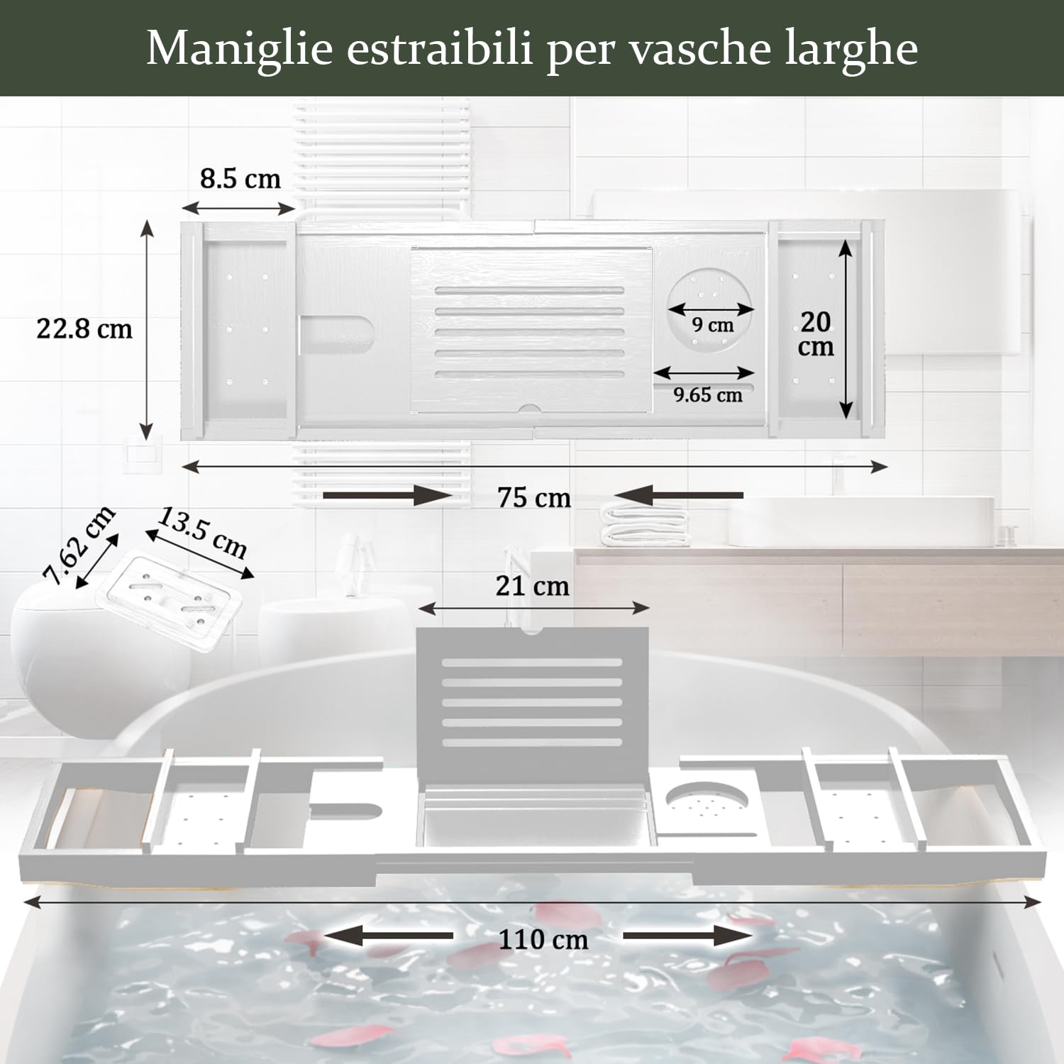 Vassoio Vasca da Bagno in Bambù, Regolabile per Vassoio da Bagno Portaoggetti, 75-109 x 23 x 4,5 cm, Si adatta alla maggior parte delle vasche da bagno Stabile e Antiscivolo, bianco