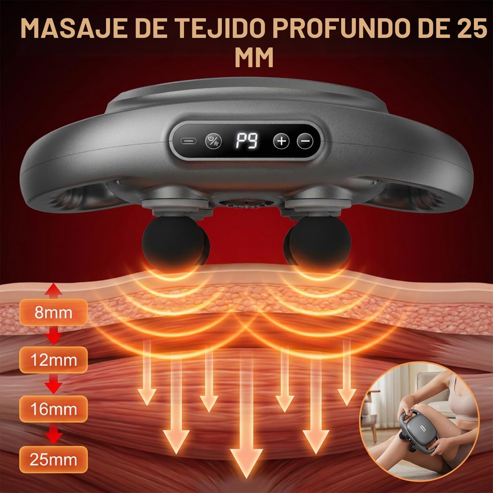 Pistola de Masaje Muscular 12 Cabezales, 25mm Amplitud Profunda, 9 Modos 9 Intensidades 81 Combinaciones, Calor Relajante, 35dB Silencioso, 2600mAh USB-C, para Espalda Piernas Cuello