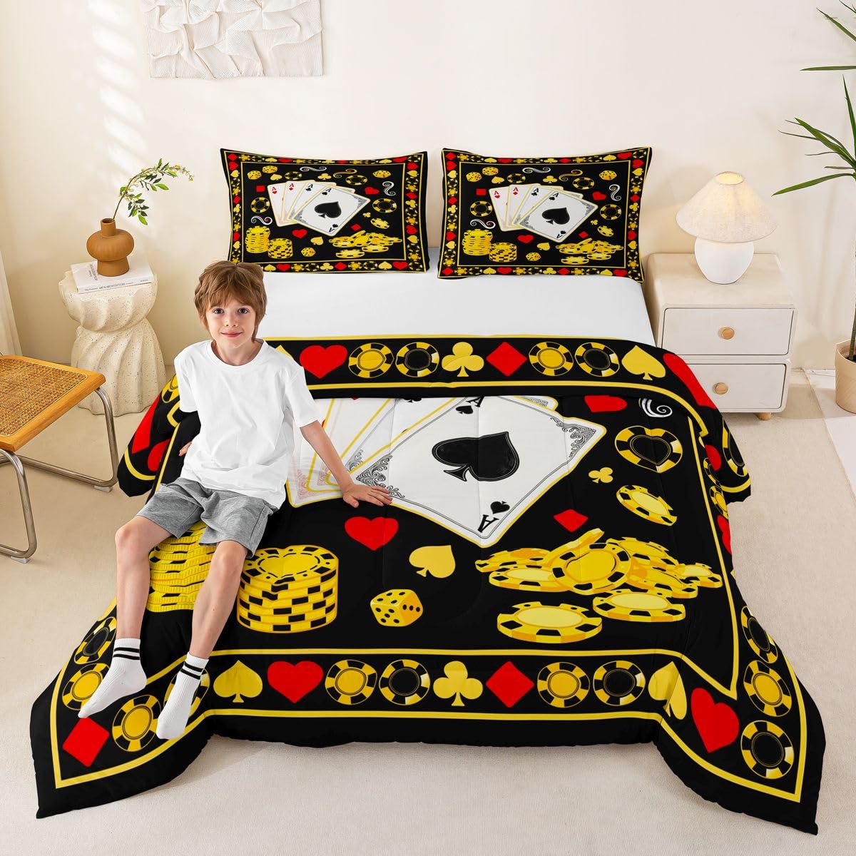 Homewish Poker Casino Vintage zestaw pościeli King Size - gra karciana retro zestaw pościeli poker gra żetony zestaw kołdry - czarny złoty retro bez przykrycia kołdra z 2 poszewkami na poduszki