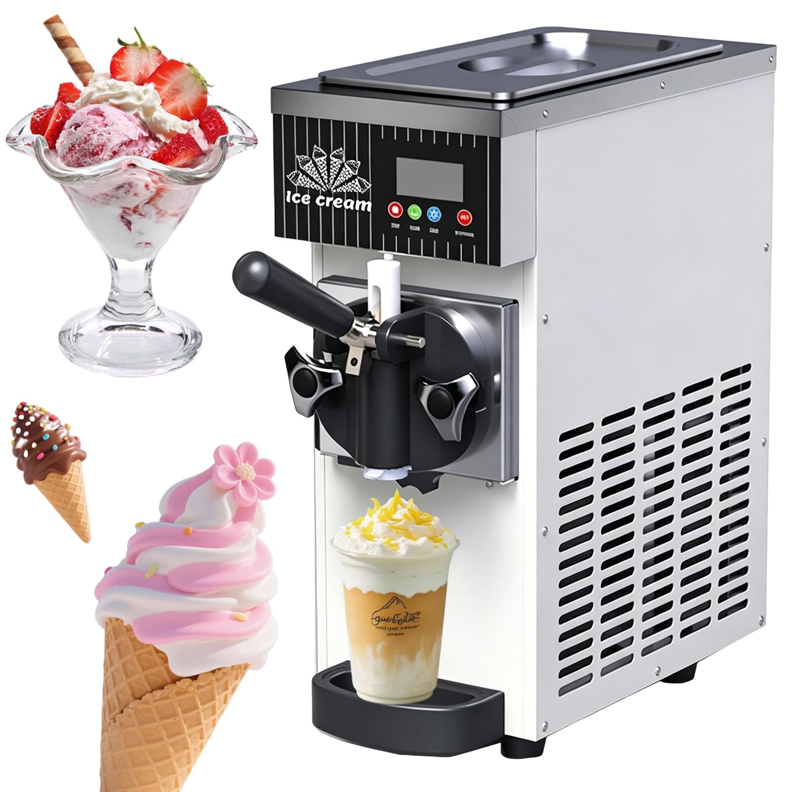 Fabricante de Helados de Servicio Suave Comercial, Salida de 4-5L/hora, Control LCD Limpio automático, máquina de encimera de congelación rápida para cafeterías, restaurantes, Tiendas