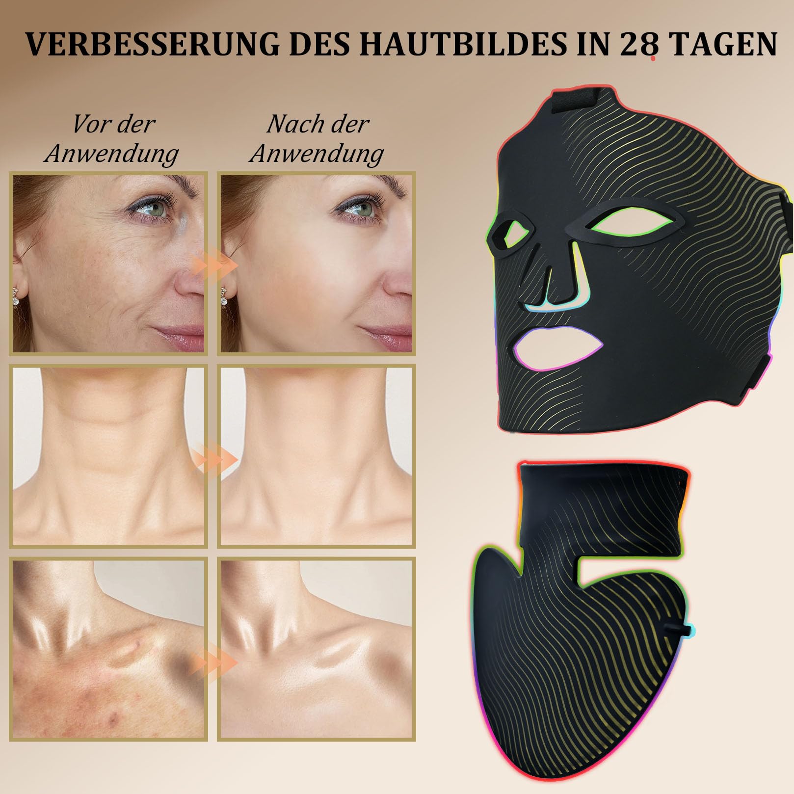 NEEMOSI Maschera LED Per Terapia Della Luce e Collo, LED Mask Rossa Infrarossa a 7 colori, con 180 Perle, 1440 Chip, Maschera Luce Rossa Viso Per Tutti i Tipi di Pelle.(Oro nero)