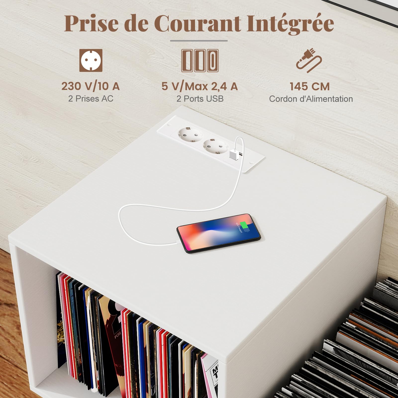 COSTWAY Support Tourne-disque avec Prise, Meuble Tourne-Disque Vinyle pour 145 Albums, Station de Charge, 2 Ports USB, 4 Pieds Amovibles, 3 Séparateurs, Étagère sur Table(Blanc)