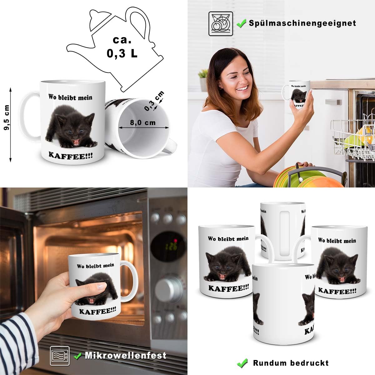 MIJOMA Koffiemok met kattenoren, theekop koffiemok met handvat voor kattenliefhebbers, 350 ml, 9,5 cm hoogte 9 cm, kattengezicht & spreuk, kattenstaart-handvat (Kitty Inside