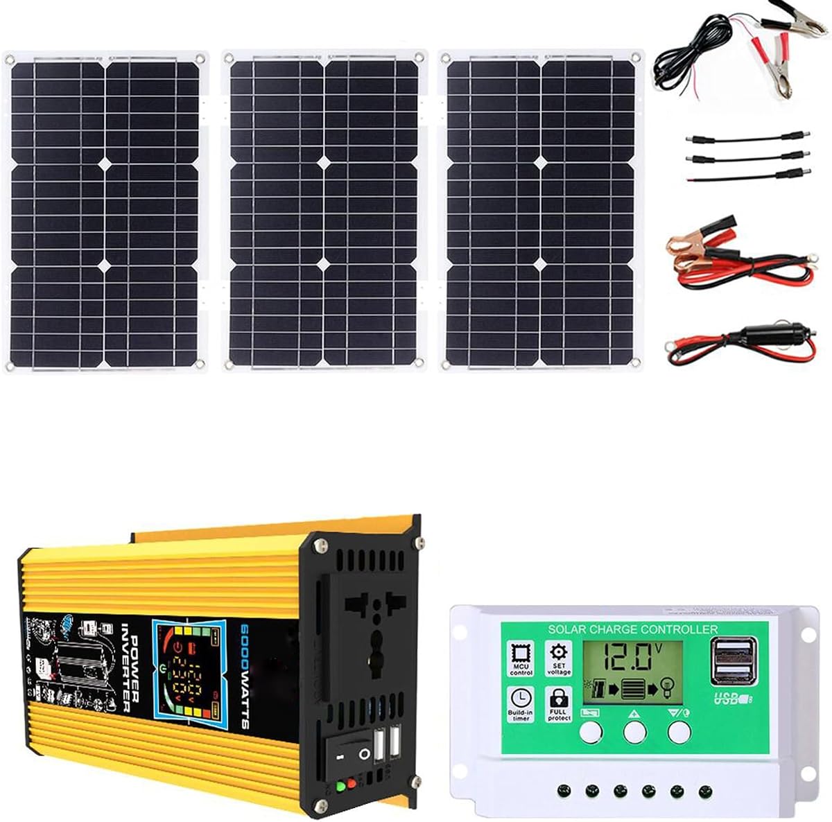 Kit de generador solar de 6000 W – Sistema de energía portátil fuera de la red con inversor de 12 V a 110 V/220 V, panel solar plegable de 75 W, USB dual y 4 puertos USB, controlador de 50 A para hogar y exterior (amarillo)