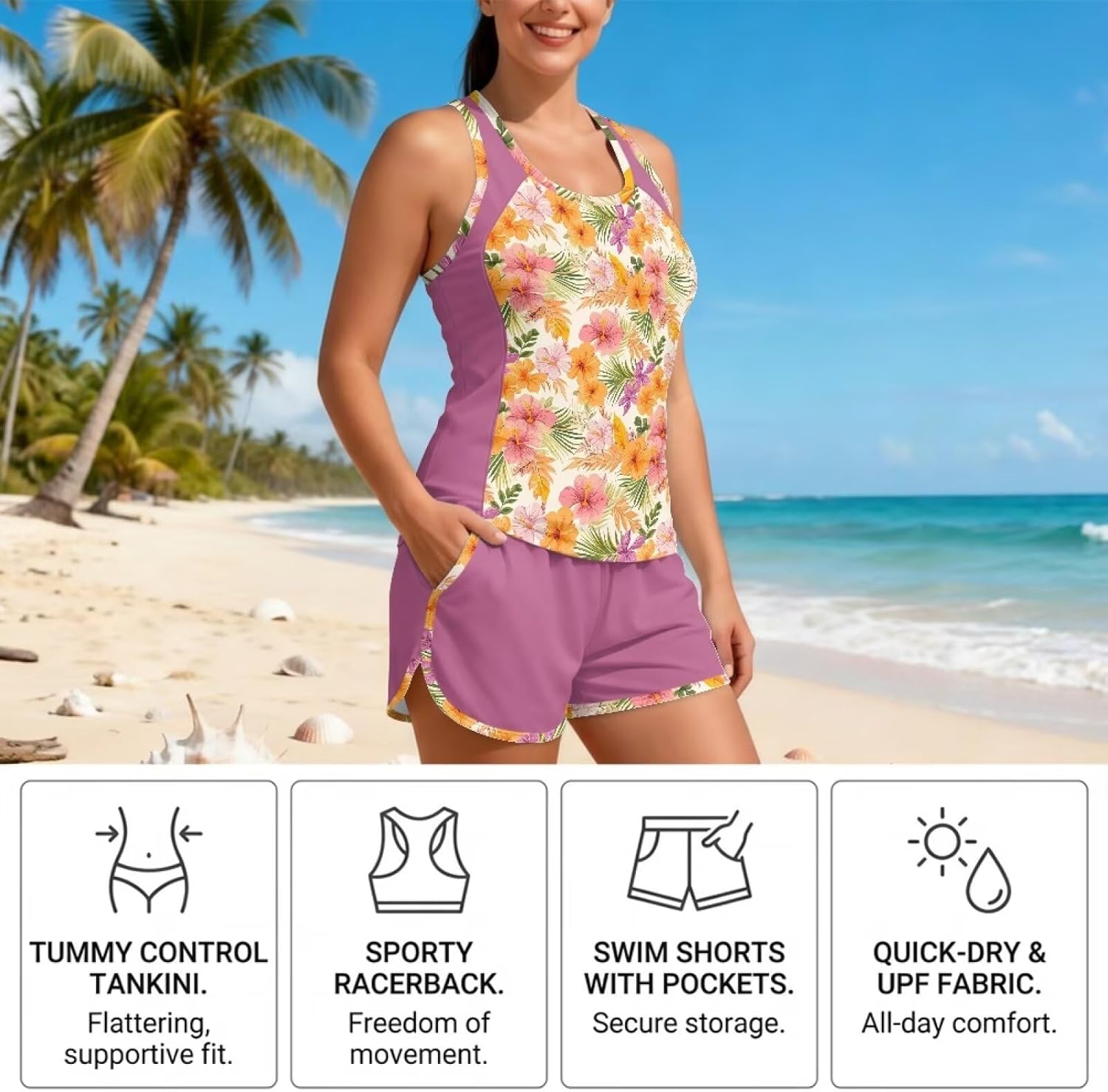 Blouson Tankini Swimsuits for Women Two Piece Bathing Suits with Pocket Board Shorts Athletic Swimwear S-6XL