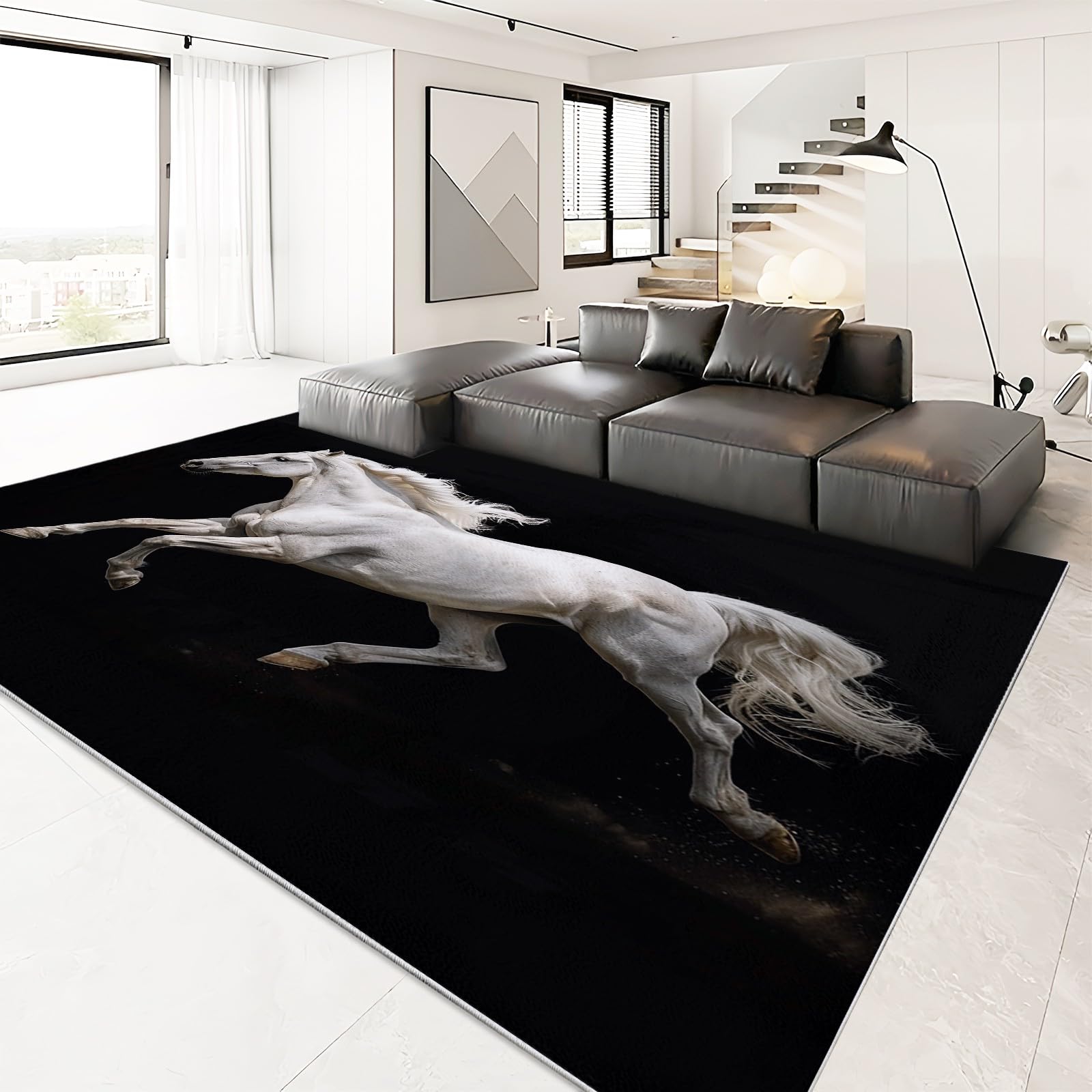 Teppich Tierpferd Schwarz 120x180 cm Wohnzimmer Teppich Schlafzimmer Teppich Modern Waschbarer Kurzflor Teppiche rutschfest Flauschig Weiche Teppiche