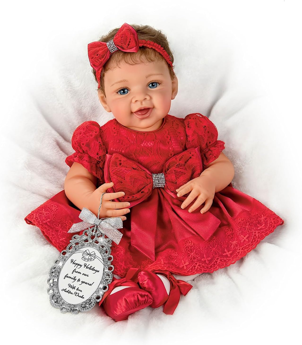 The Ashton-Drake Galleries My First Christmas Gianna Lifelike Baby Doll with Custom Red Satin Outfit and Silver-Toned Ornament