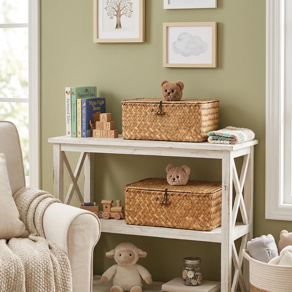 Seagrass Wicker Storage Basket with Lid - Home Organizer (Brown, Large)