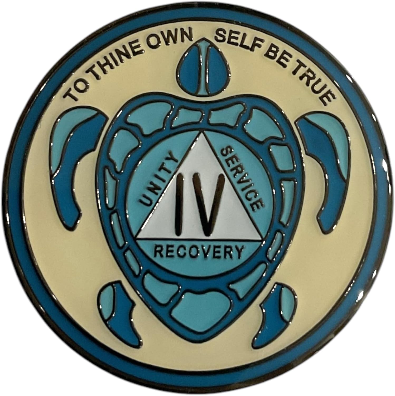 4 Year AA, Recovery Sea Turtle Medallion, Sobriety Token, Blue and Gold