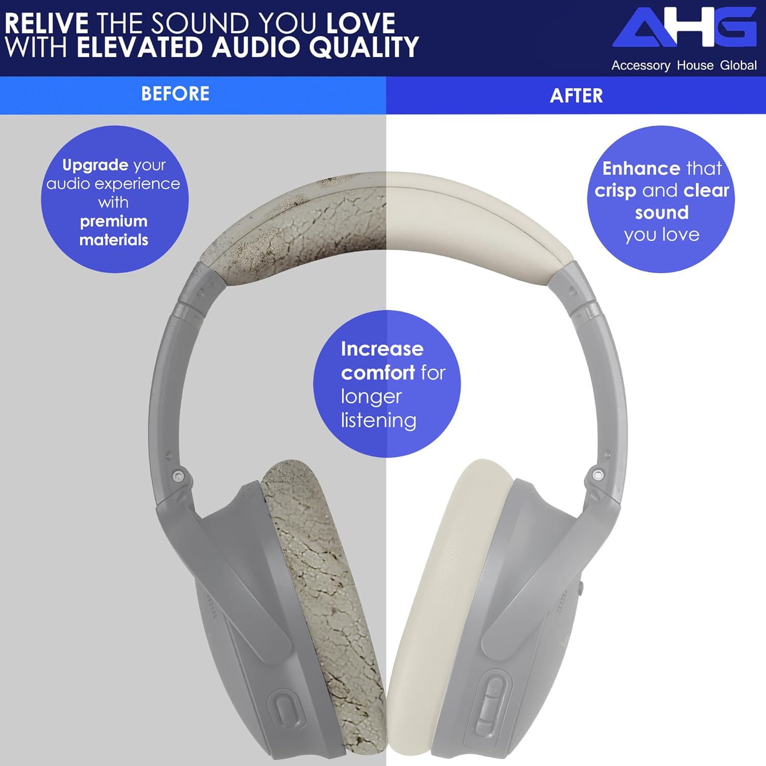 AHG Accessory House Global Replacement QC Ear Pad and Headband Pad Kit Cushion. Compatible with Bose QuietComfort (2023) QC45 QCSE QC35 II Wireless Noise Cancelling Headphones (White Smoke) Easy DIY