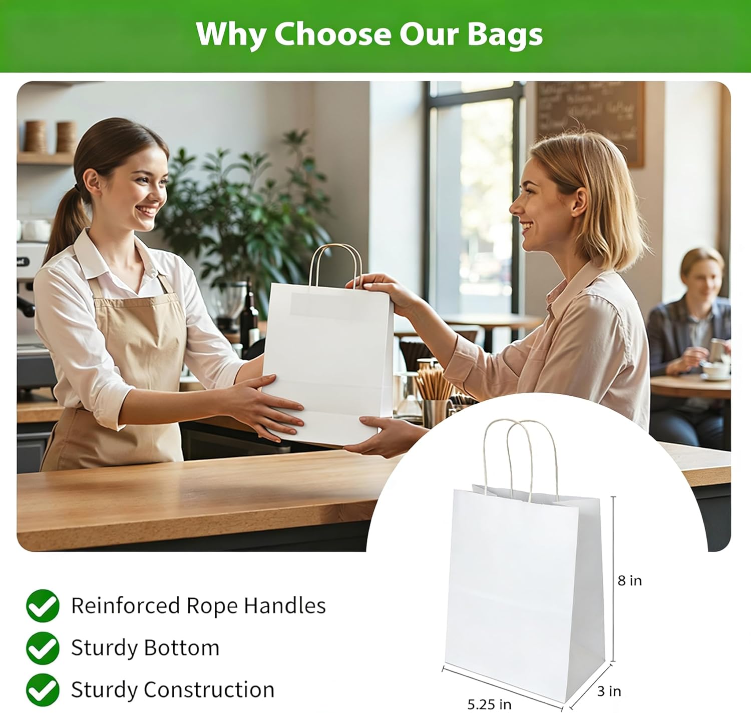 EwayEcos 100 Pack 8x5.25x3 Inch White Kraft Paper Bags with Handles Bulk for Wedding Birthday Party Favors Grocery Retail Shopping Business Goody Craft Gift Bags Sacks