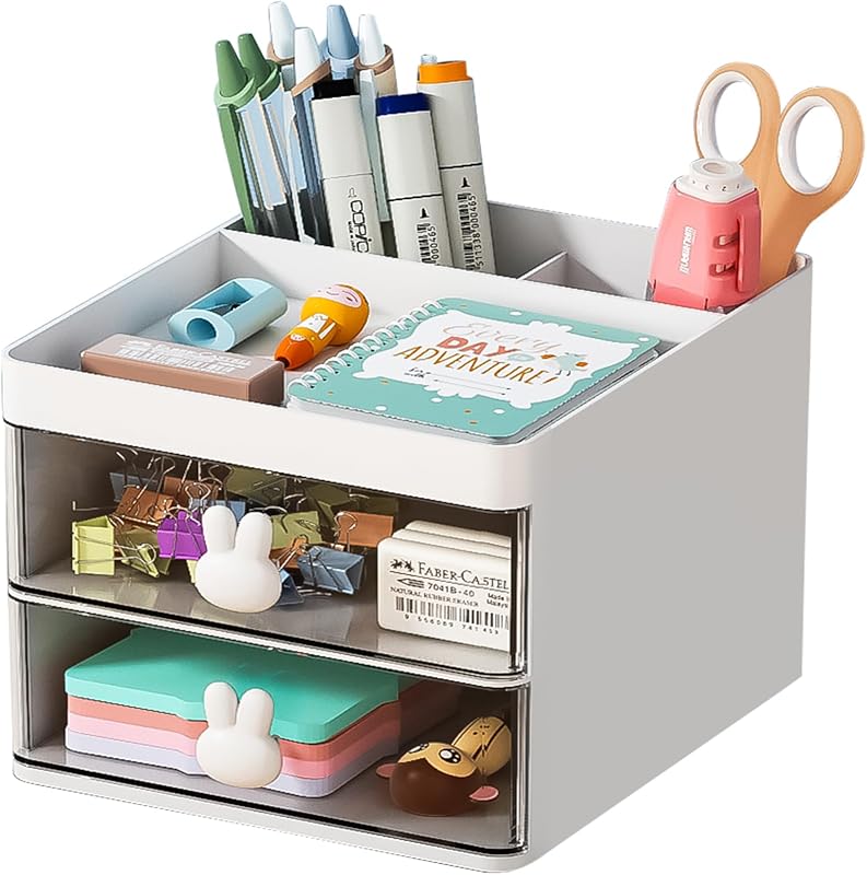 Marbrasse Organizador de escritorio pequeño con cajón, caja de almacenamiento multifuncional para portalápices, organizadores de escritorio y accesorios con 3 compartimentos + 2 cajones para suministros de arte de oficina (blanco)