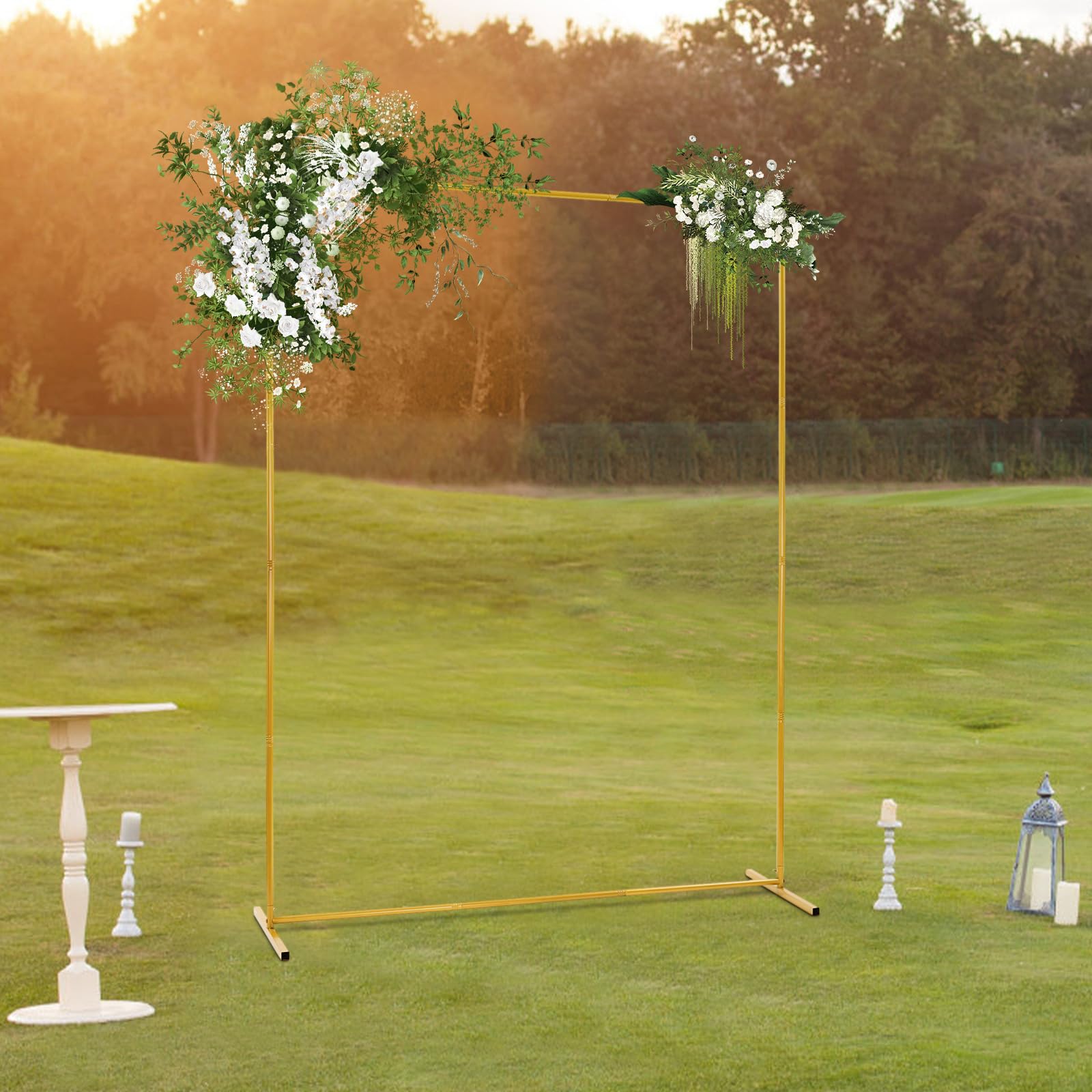 Arche de mariage - Kit de support de fleurs - 1,5 x 2 m - Carré - Avec housse en tissu - Décoration de fond pour mariage, cérémonie, fête (support doré + housse en tissu blanc)