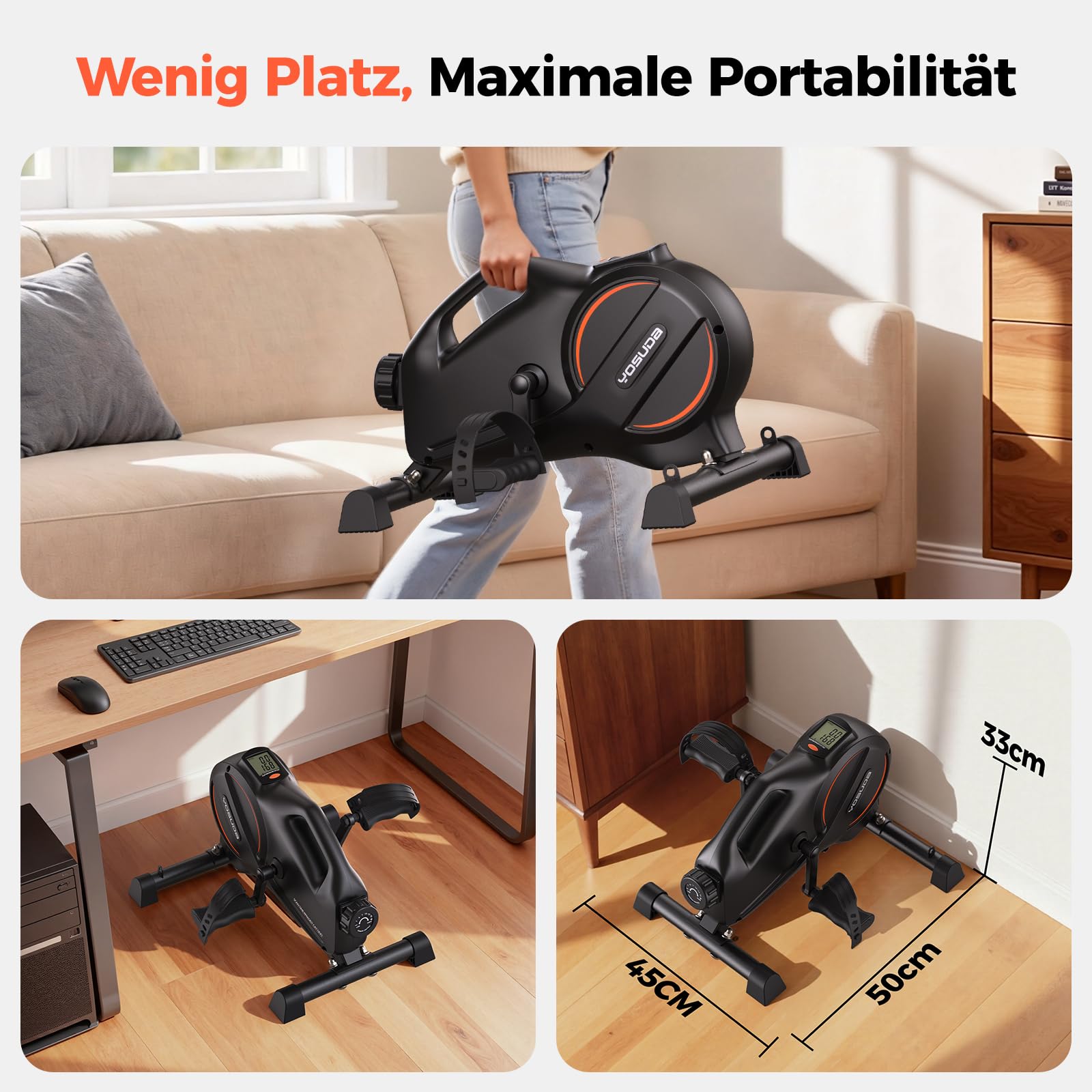 YOSUDA Pedaltrainer Mini Heimtrainer mit 2 Widerstandsbändern, Rutschfester Matte, 16-stufiger Einstellbarer Widerstand