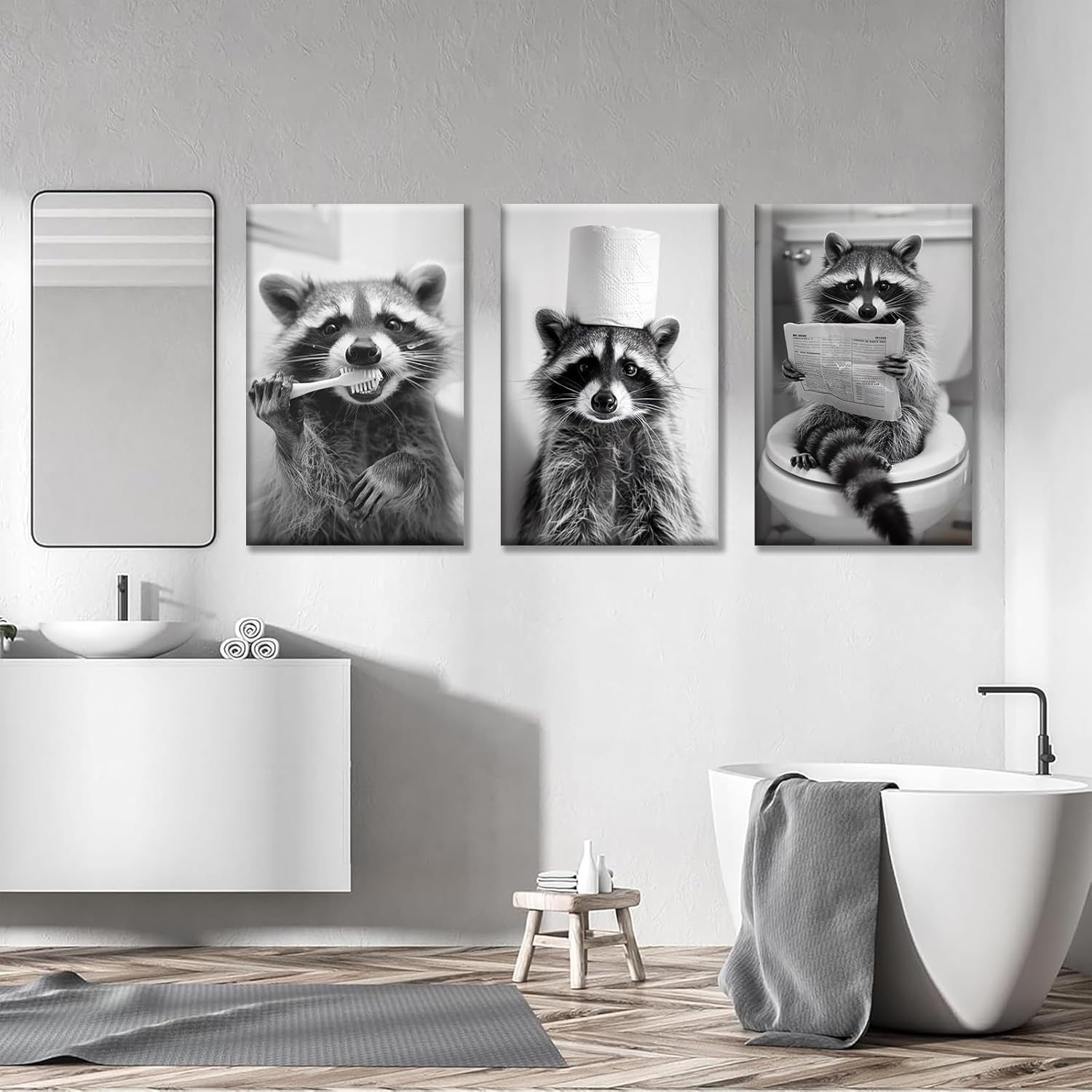 3Pcs Adorable Raccoon Bathroom Wall Art Black and White Animal Posters Prints Funny Raccoon on Toilet Reading Newspaper Canvas Painting Humor Animal Brushing Wall Decor for Toilet Pictures Framed