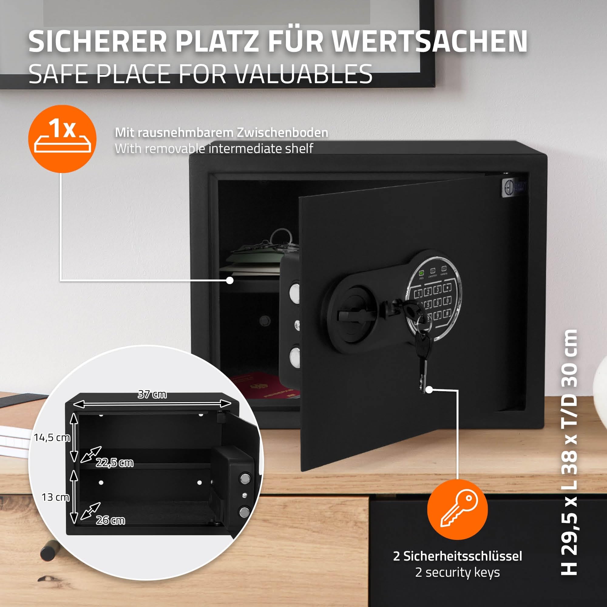 ECD Germany Coffre-Fort 27L 38x30x29,5cm, en Acier, Fixation Mural, avec Lumière à Capteur, Clavier Numérique, Code PIN et Clé, Caisse Électronique pour Bijoux/Argent, Porte-Documents Ignifuge inclus
