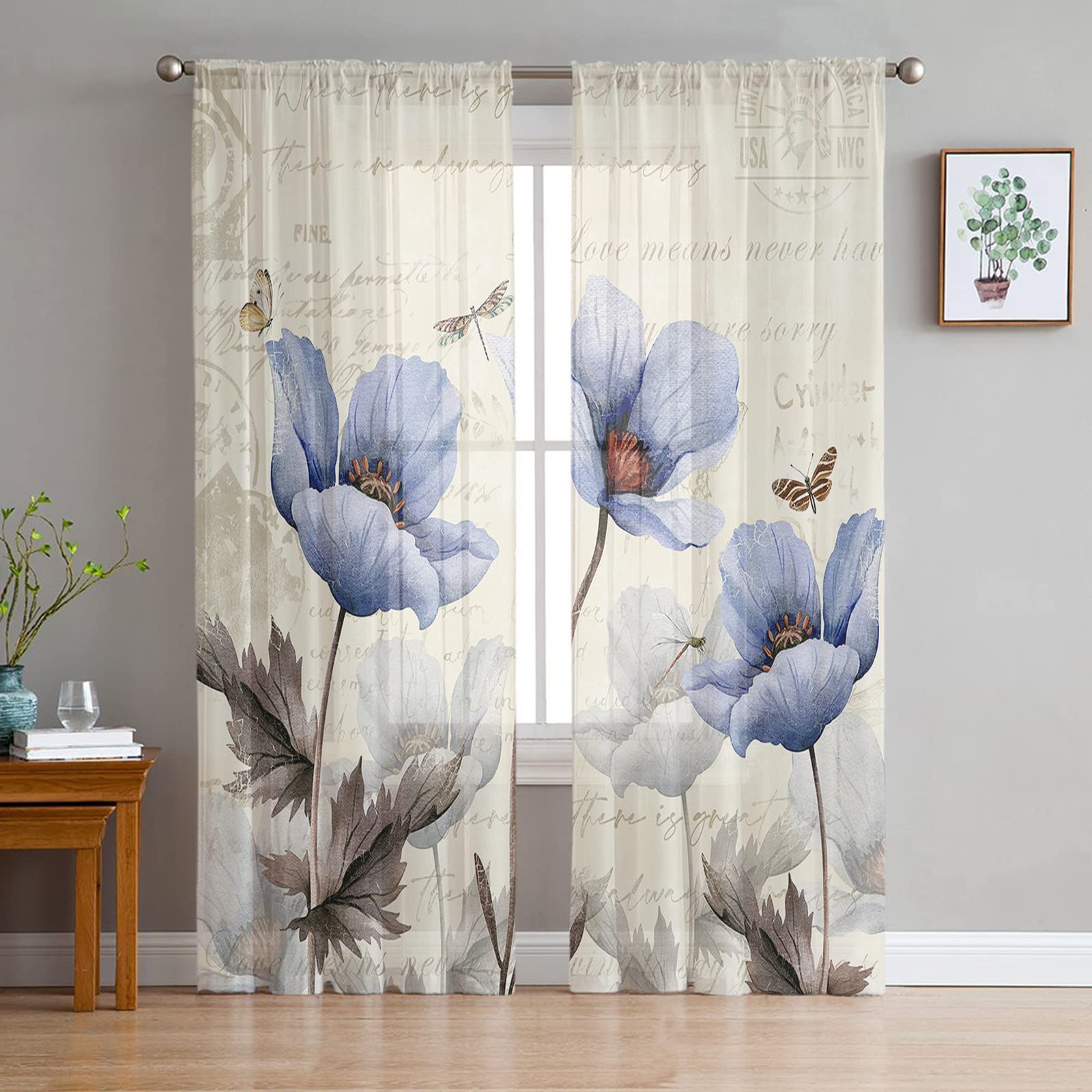 Amazon｜エレガントな花柄シアーカーテン 長さ63インチ 2パネル