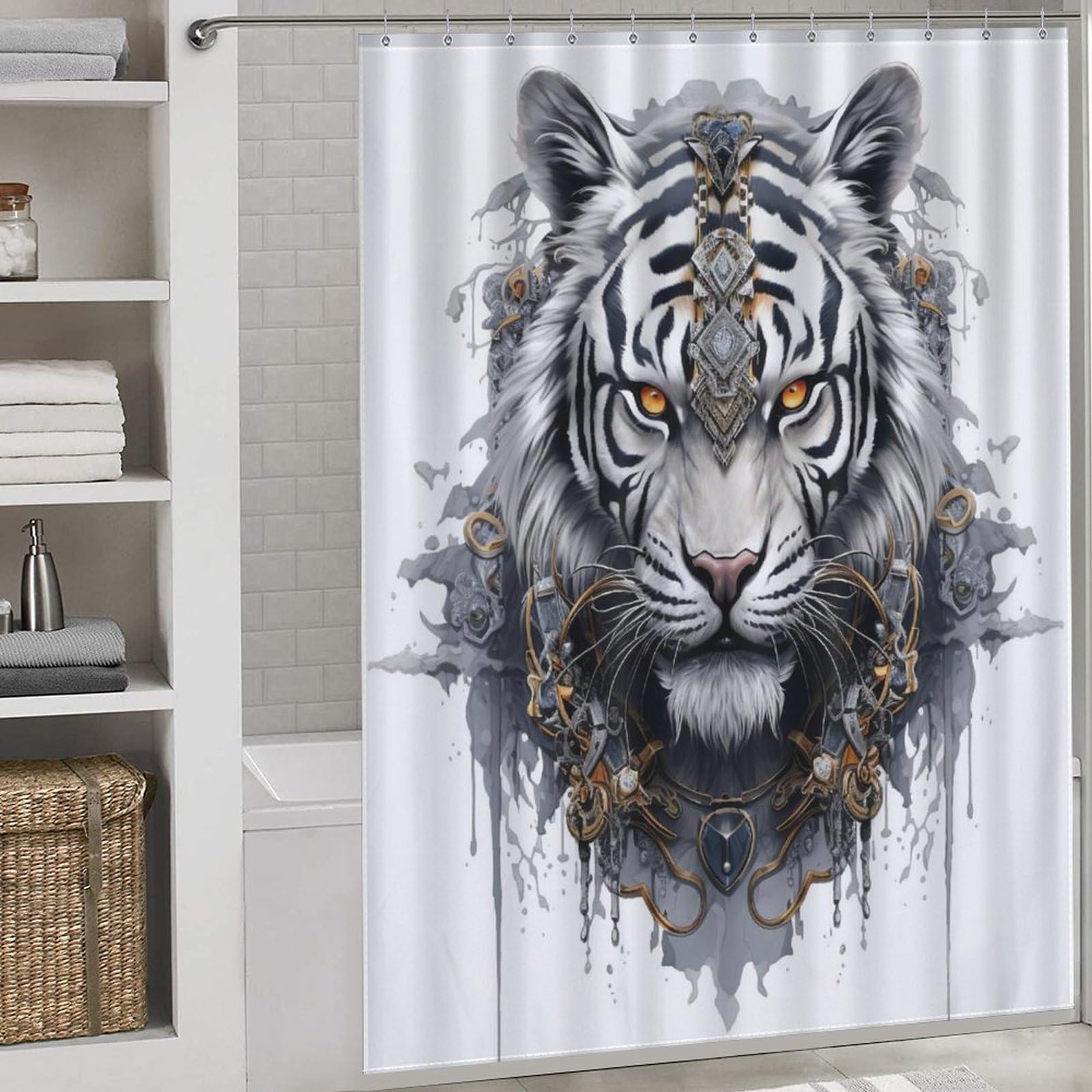 Rideau de douche tigre en tissu polyester lavable 168x183cm pour baignoire d'angle
