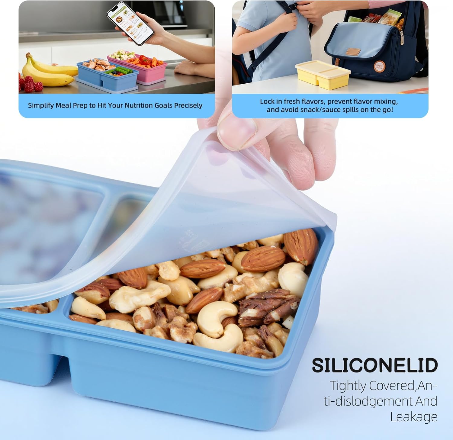3 Pack Silicone Snack Containers with Lids, 12 oz Double Compartment Reusable Snack Bento Box for Kids , Leakproof Food Storage Boxes for Sauce, Fruit, Snacks, School, Office, Picnic, Easy to Clean - Image 5